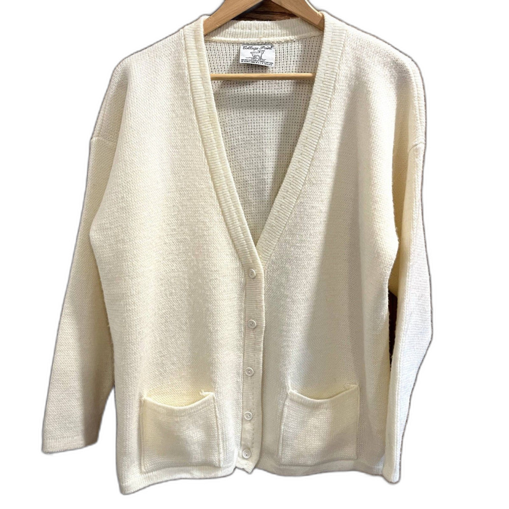 College Point Vintage Cream Cardigan Sweater Chunky Knit Warm Layering Women's L